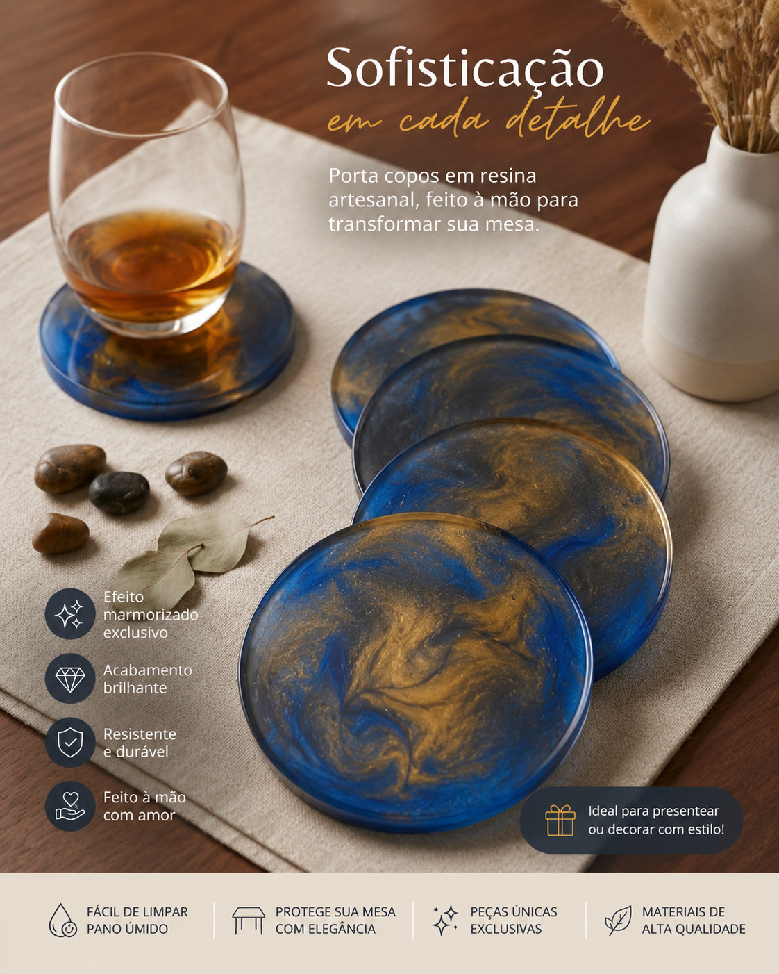 Porta Copos em Resina Azul e Dourado | Kit Artesanal Elegante e Moderno
