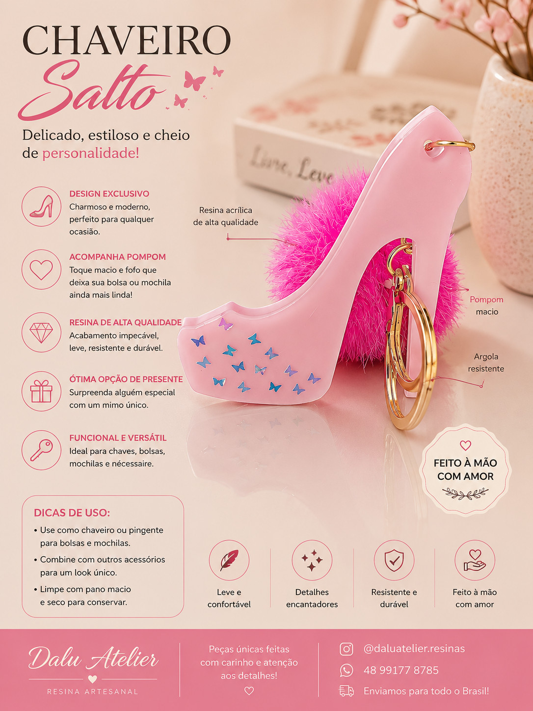 Chaveiro Salto Rosa com Pompom – Feito à Mão em Resina