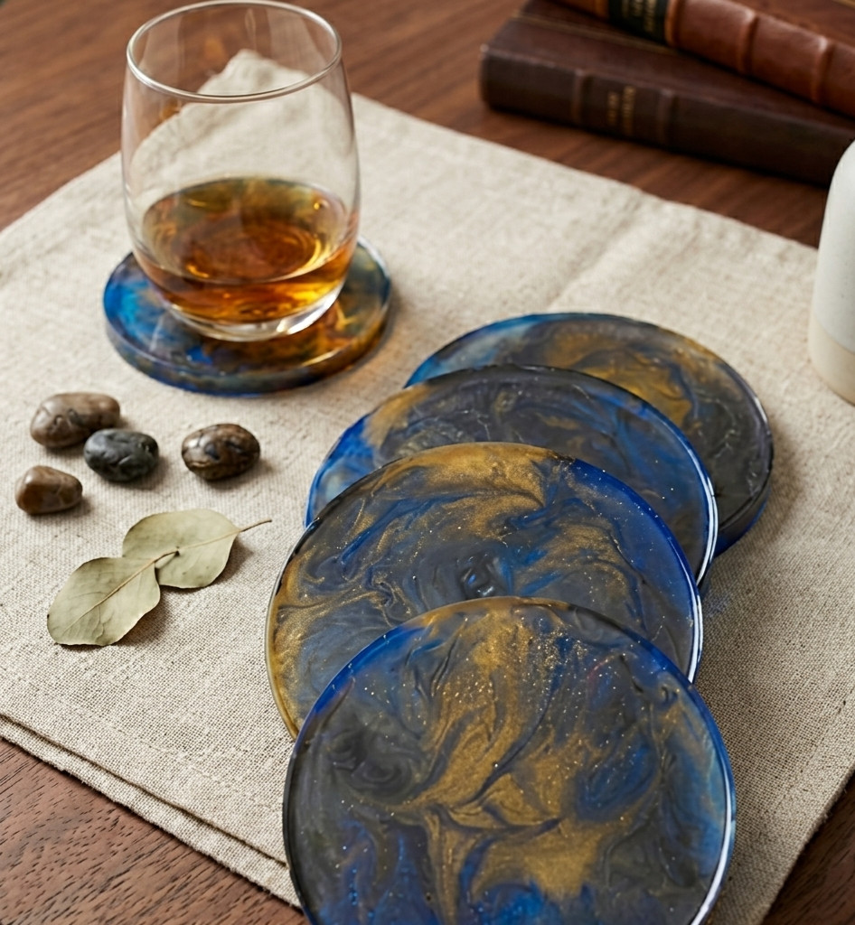 Porta Copos em Resina Azul e Dourado | Kit Artesanal Elegante e Moderno
