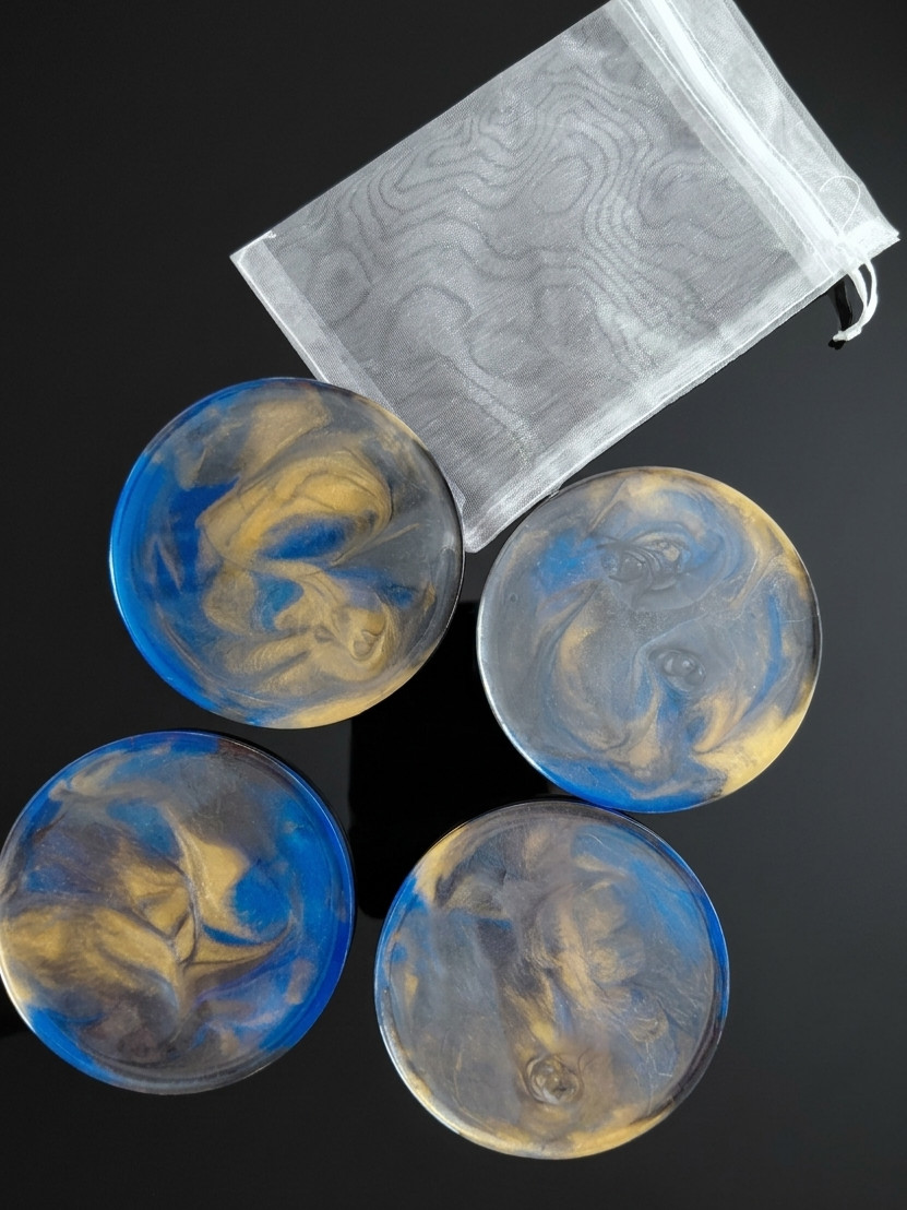 Porta Copos em Resina Azul e Dourado | Kit Artesanal Elegante e Moderno