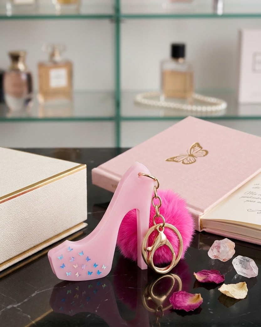 Chaveiro Salto Rosa com Pompom – Feito à Mão em Resina