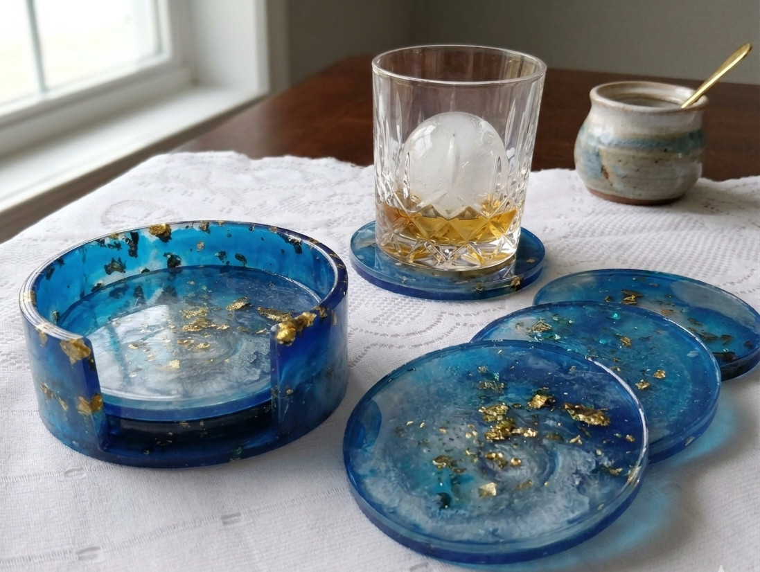 Porta-Copos em Resina Azul Marmorizado com Detalhes Dourados – Kit com 4 Unidades